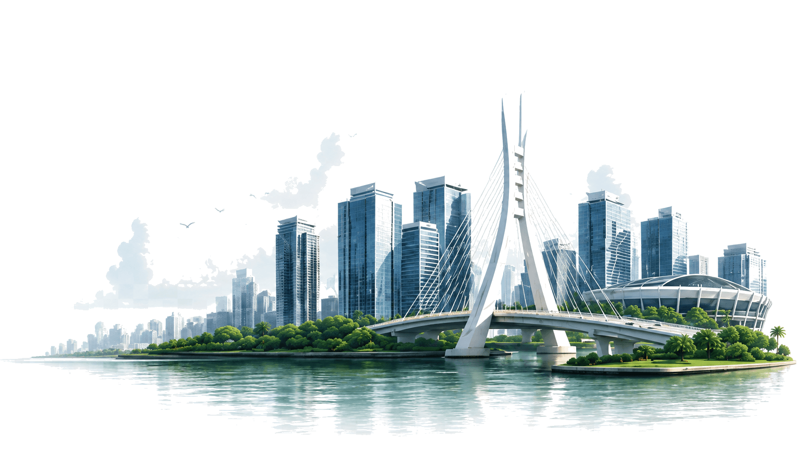 Nigerian city skyline with bridge and waterfront